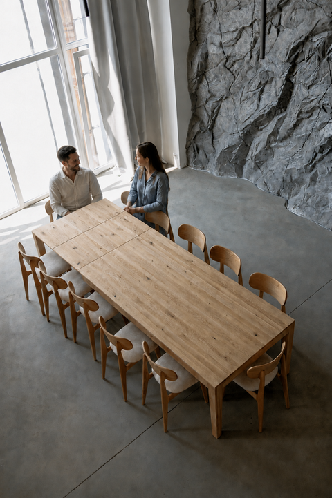 Table à manger extensible Ravello Max 200–300x100 cm avec 2 rallonges en chêne massif naturel.