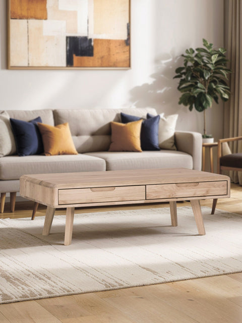 Table de salon avec tiroirs en chêne massif blanchi 110 cm Portofino