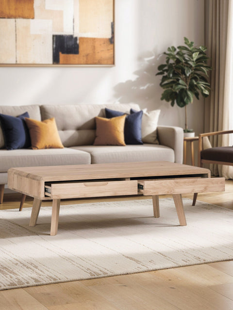 Table de salon avec tiroirs en chêne massif blanchi 110 cm Portofino