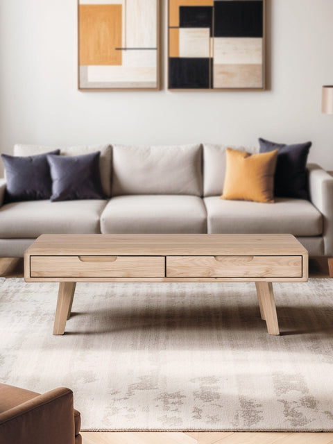 Table de salon avec tiroirs en chêne massif blanchi 110 cm Portofino