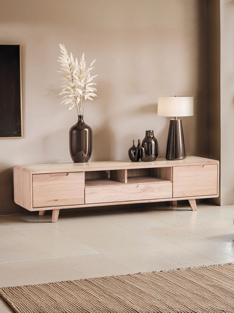 Meuble TV en bois massif de chêne blanchi 160 cm Portofino