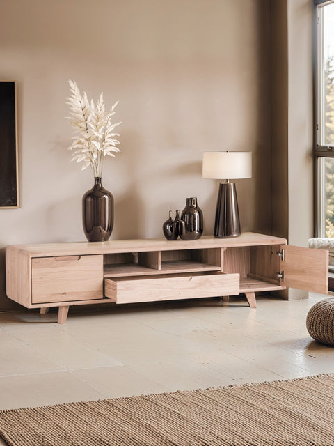 Meuble TV en bois massif de chêne blanchi 160 cm Portofino