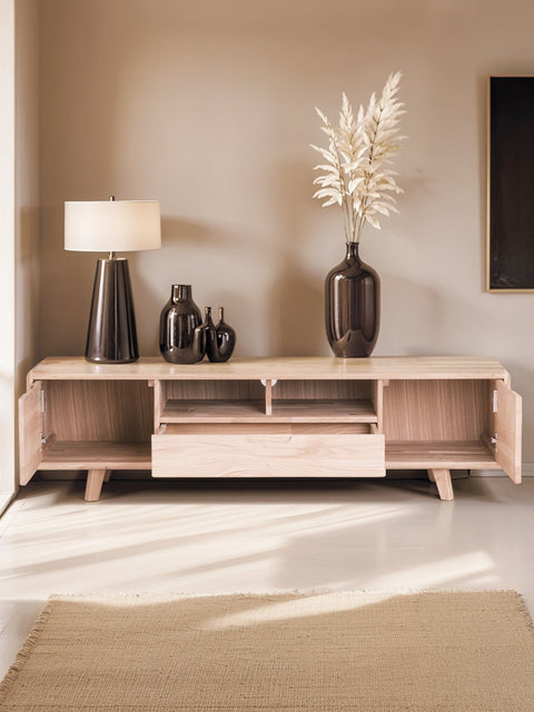 Meuble TV en bois massif de chêne blanchi 160 cm Portofino