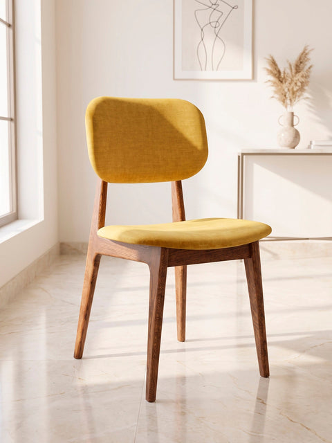 Chaise de salle à manger Mevis en chêne massif, brun et jaune, assise rembourrée