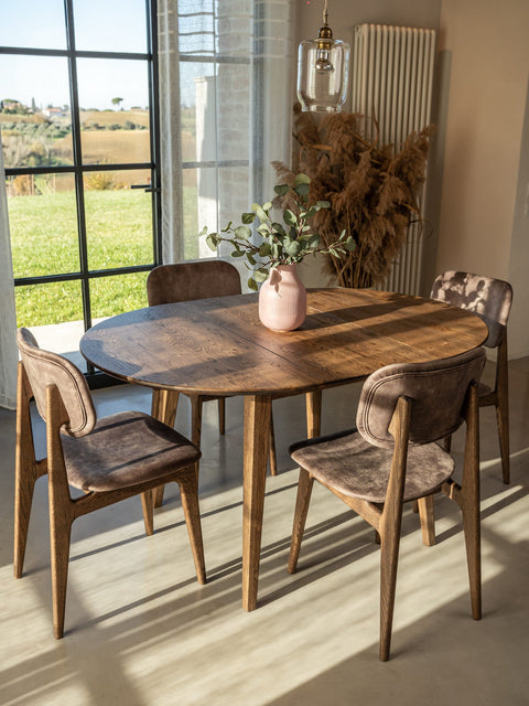 Table ronde à rallonges 90-120 cm en chêne massif fumé Sun