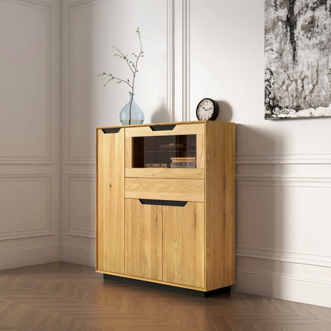 Buffet haut en bois massif de chêne 124x38x134 cm naturel Adena