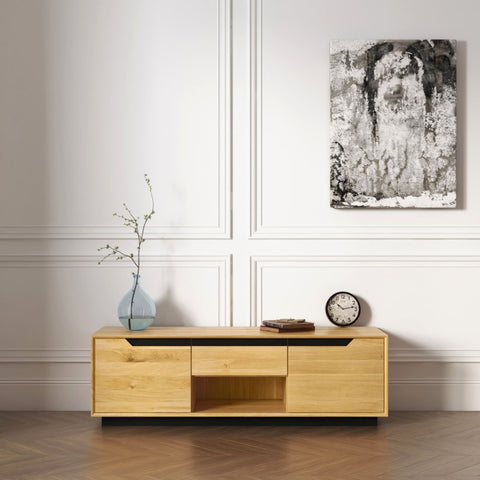 Meuble TV en bois massif de chêne 2 portes 160x42x50 cm naturel moderne Adena