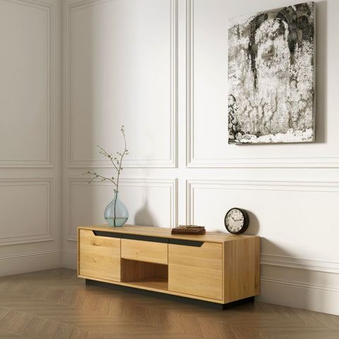 Meuble TV en bois massif de chêne 2 portes 160x42x50 cm naturel moderne Adena