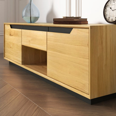 Meuble TV en bois massif de chêne 2 portes 160x42x50 cm naturel moderne Adena