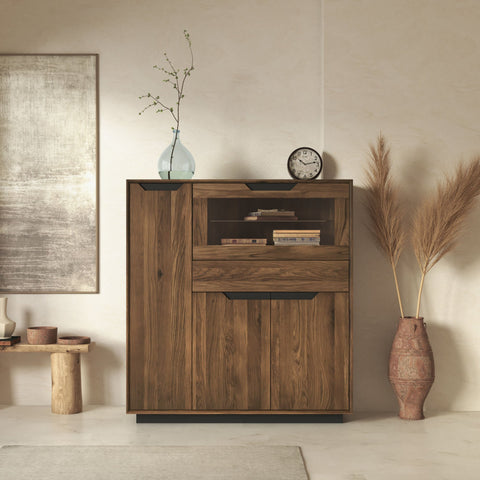 Buffet haut en bois massif de chêne 124x38x134 cm fumé Adena