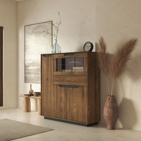 Buffet haut en bois massif de chêne 124x38x134 cm fumé Adena