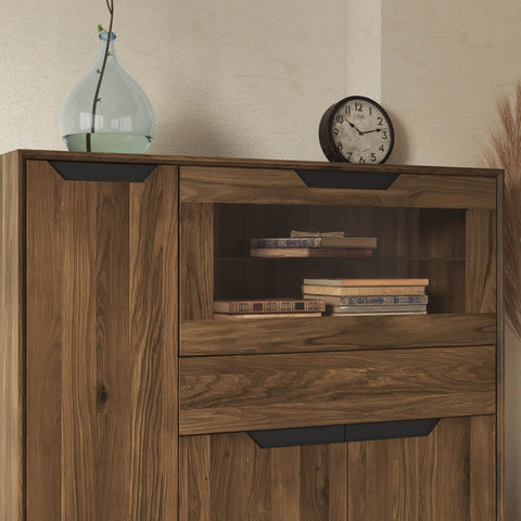 Buffet haut en bois massif de chêne 124x38x134 cm fumé Adena