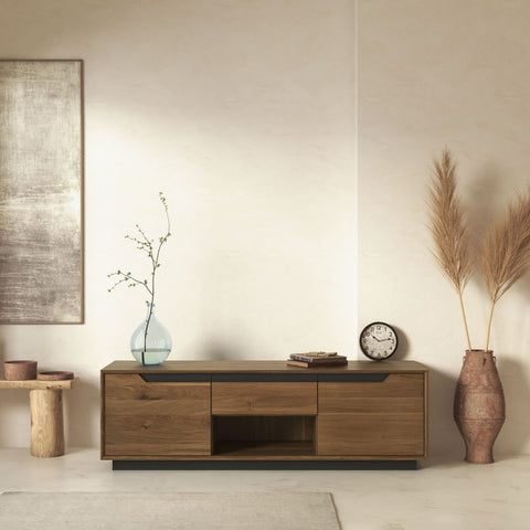Meuble TV en bois massif de chêne 160 cm fumé Adena