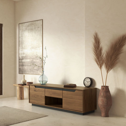 Meuble TV en bois massif de chêne 160 cm fumé Adena