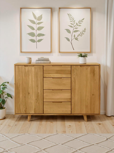 Commode en bois massif de chêne 4 tiroirs avec 2 portes deux dimensions naturel Portofino