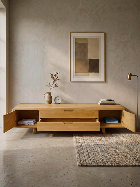 Meuble TV en bois massif de chêne naturel 180 cm Portofino