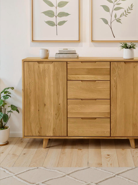 Commode en bois massif de chêne 4 tiroirs avec 2 portes deux dimensions naturel Portofino