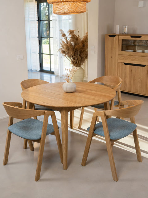 Table ronde à rallonges 120-220 cm en chêne massif naturel Nico
