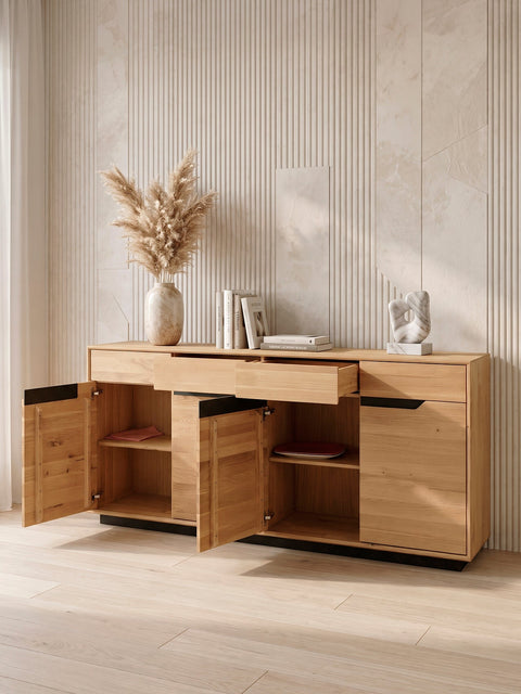 Buffet 180 cm avec 4 portes en chêne massif naturel moderne Adena
