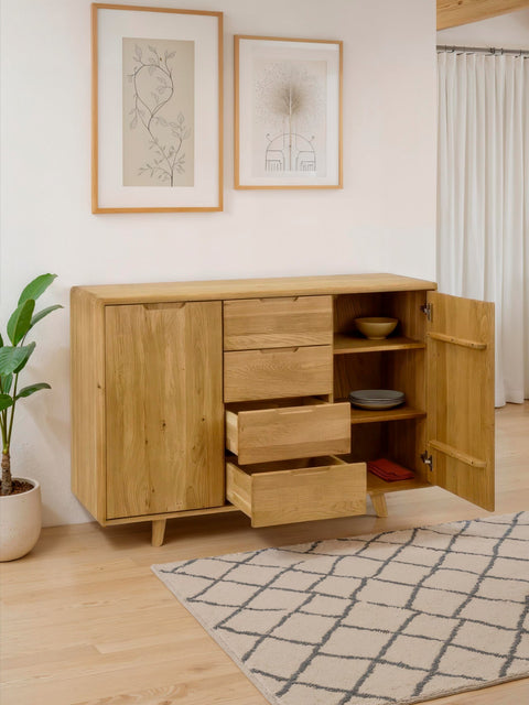 Commode en bois massif de chêne 4 tiroirs avec 2 portes deux dimensions naturel Portofino