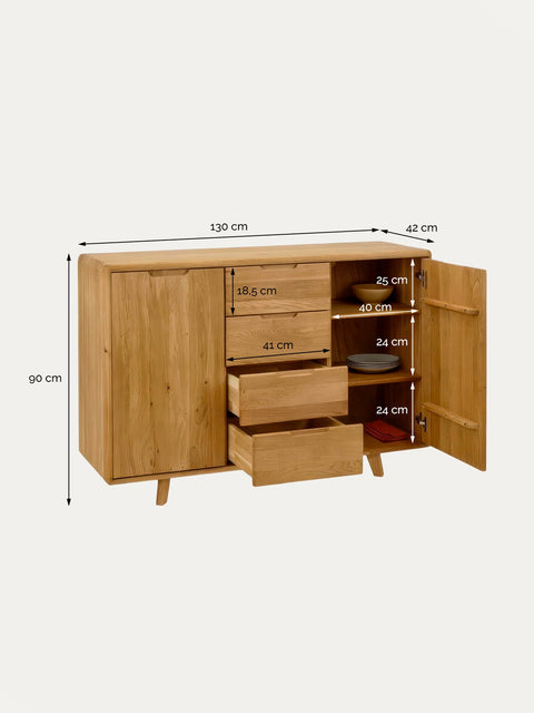 Commode en bois massif de chêne 4 tiroirs avec 2 portes deux dimensions naturel Portofino