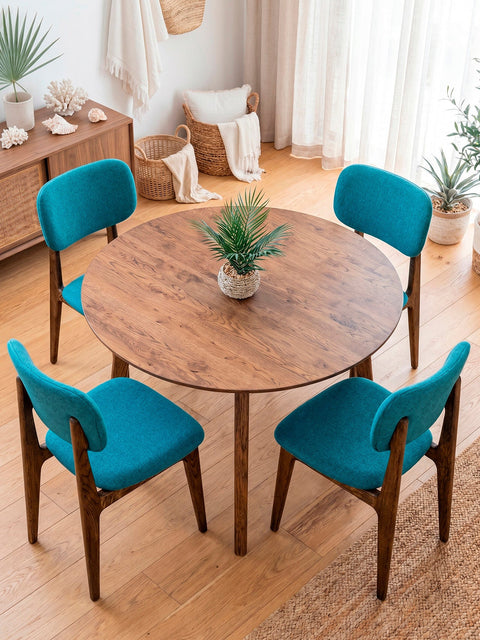 Chaise de salle à manger rembourrée en tissu turquoise et bois de chêne massif brun Mevis