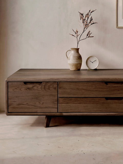 Meuble TV en bois massif de chêne fumé 180 cm Portofino