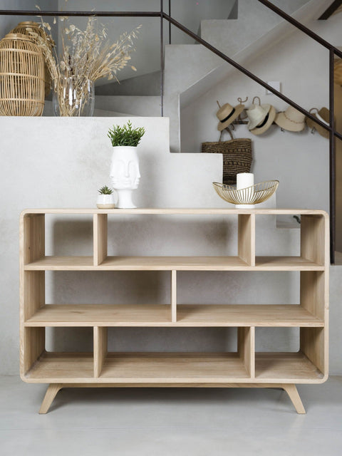 Bibliothèque basse en chêne massif blanchi moderne 130x45x89 cm Modena