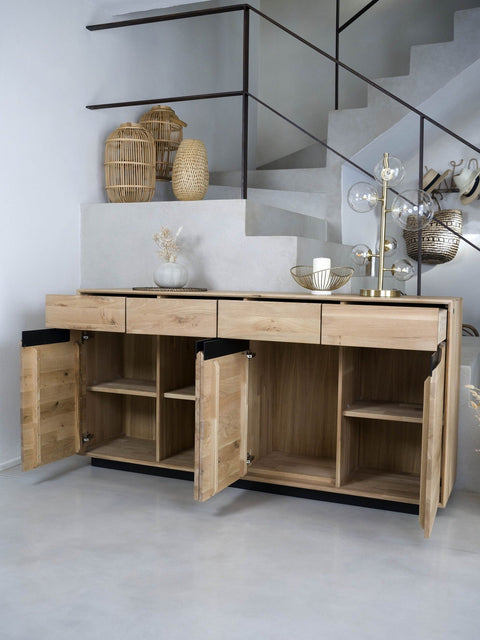 Buffet 180 cm avec 4 portes en chêne massif blanchi moderne Adena