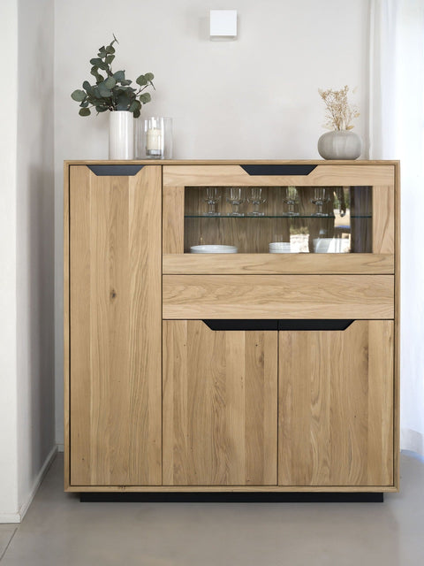 Vaisselier haut en chêne massif blanchi 124x38x134 cm Adena