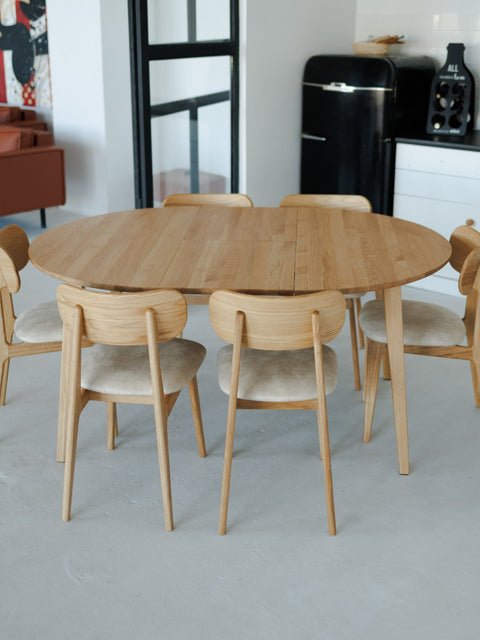 Table ronde extensible Verona 120–165 cm avec rallonge papillon intégrée en chêne massif naturel