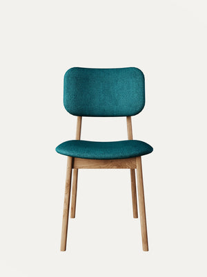Chaise de salle à manger rembourrée en tissu turquoise et bois de chêne massif brun Mevis