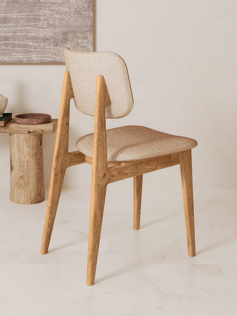 Chaise de salle à manger rembourrée en tissu beige et bois de chêne massif brun Mevis