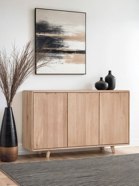 Meuble 3 portes en bois massif de chêne blanchi 150x42x90 cm Portofino