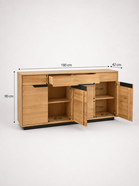 Buffet 180 cm avec 4 portes en chêne massif naturel moderne Adena