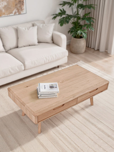 Table de salon avec tiroirs en chêne massif blanchi 110 cm Portofino