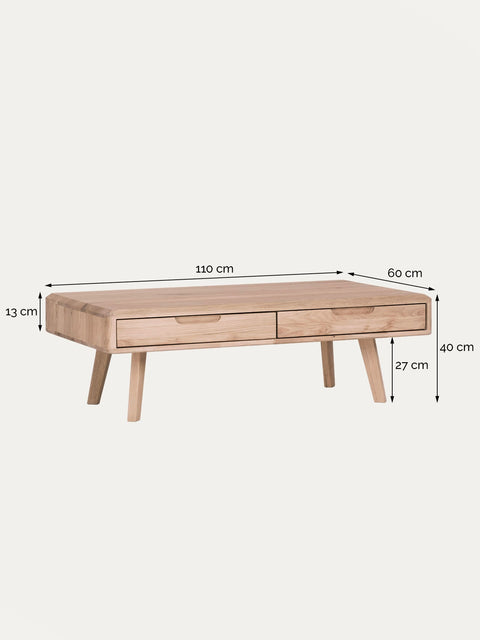 Table de salon avec tiroirs en chêne massif blanchi 110 cm Portofino